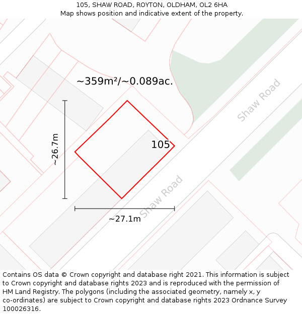 105, SHAW ROAD, ROYTON, OLDHAM, OL2 6HA: Plot and title map