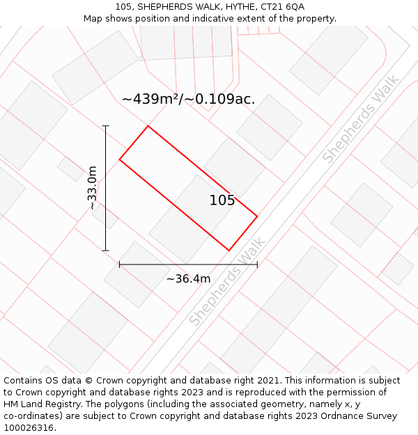 105, SHEPHERDS WALK, HYTHE, CT21 6QA: Plot and title map