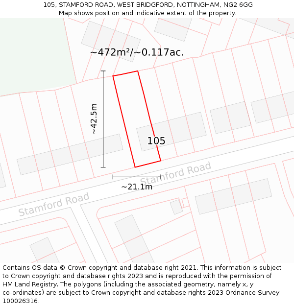 105, STAMFORD ROAD, WEST BRIDGFORD, NOTTINGHAM, NG2 6GG: Plot and title map