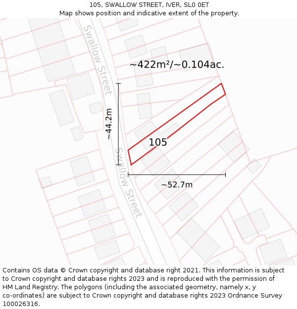 105, SWALLOW STREET, IVER, SL0 0ET: Plot and title map