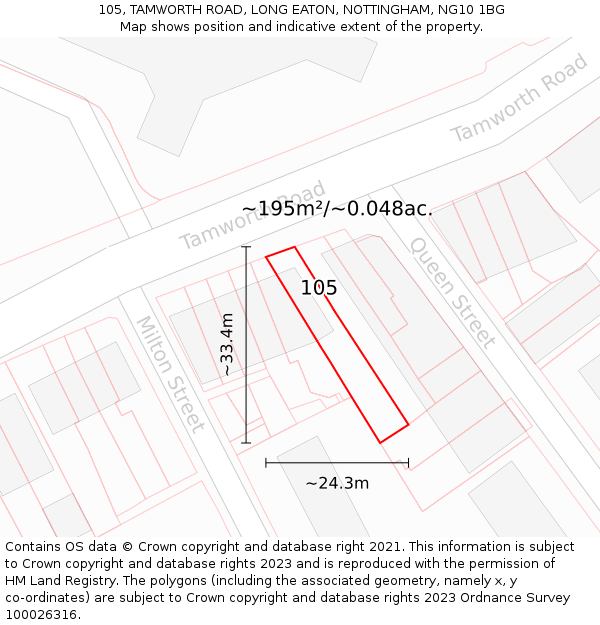 105, TAMWORTH ROAD, LONG EATON, NOTTINGHAM, NG10 1BG: Plot and title map