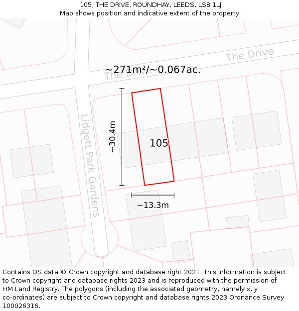 105, THE DRIVE, ROUNDHAY, LEEDS, LS8 1LJ: Plot and title map