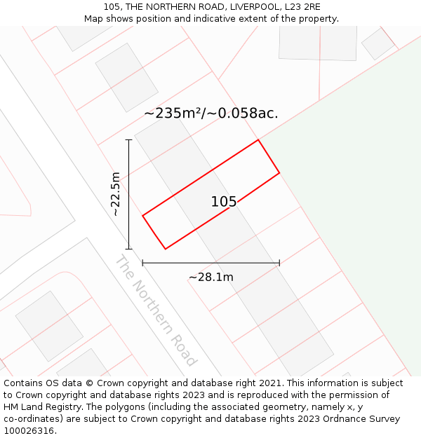 105, THE NORTHERN ROAD, LIVERPOOL, L23 2RE: Plot and title map