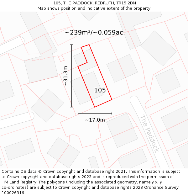 105, THE PADDOCK, REDRUTH, TR15 2BN: Plot and title map