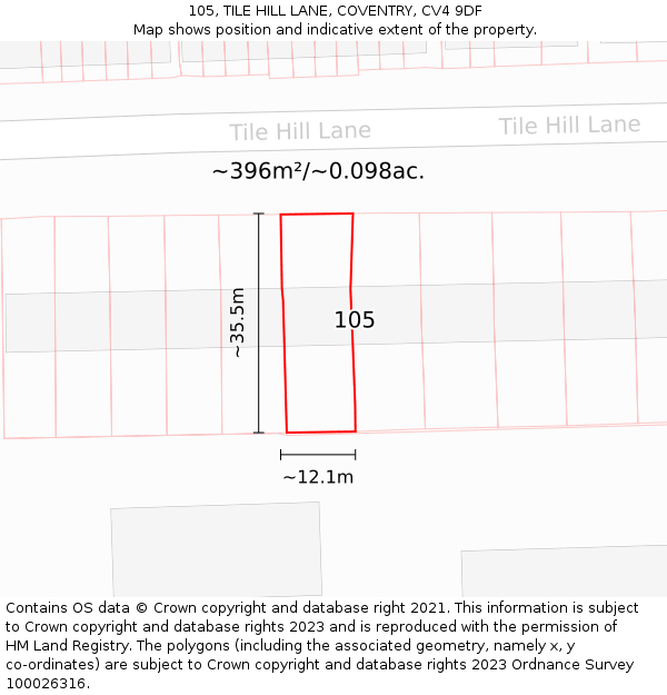 105, TILE HILL LANE, COVENTRY, CV4 9DF: Plot and title map