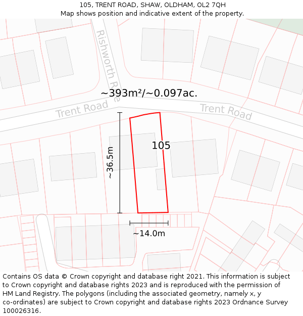 105, TRENT ROAD, SHAW, OLDHAM, OL2 7QH: Plot and title map