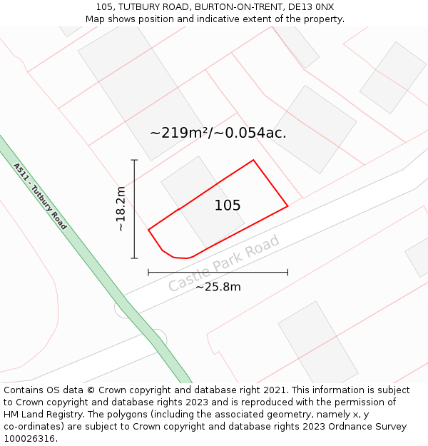 105, TUTBURY ROAD, BURTON-ON-TRENT, DE13 0NX: Plot and title map