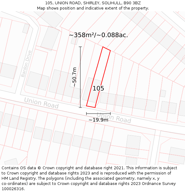 105, UNION ROAD, SHIRLEY, SOLIHULL, B90 3BZ: Plot and title map