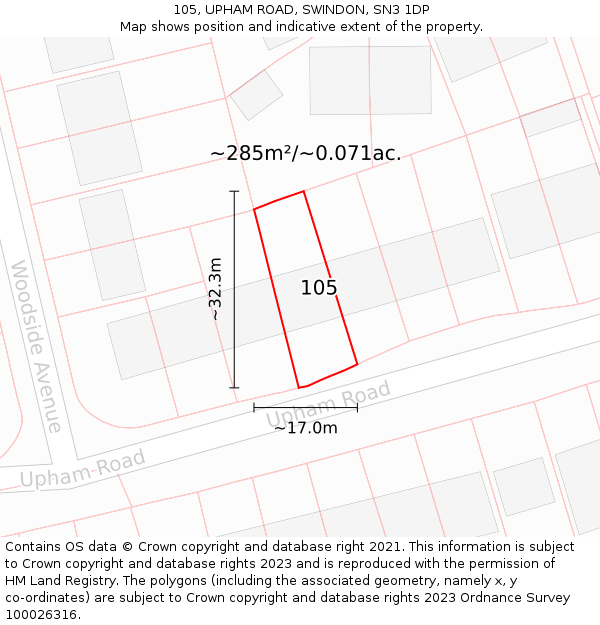 105, UPHAM ROAD, SWINDON, SN3 1DP: Plot and title map