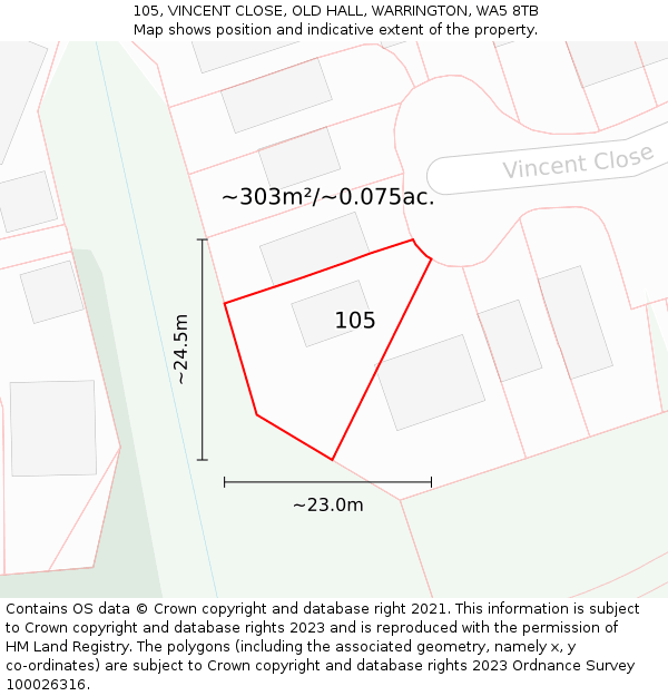 105, VINCENT CLOSE, OLD HALL, WARRINGTON, WA5 8TB: Plot and title map