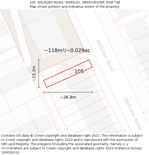 105, WALKDEN ROAD, WORSLEY, MANCHESTER, M28 7QE: Plot and title map