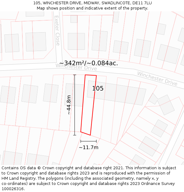 105, WINCHESTER DRIVE, MIDWAY, SWADLINCOTE, DE11 7LU: Plot and title map