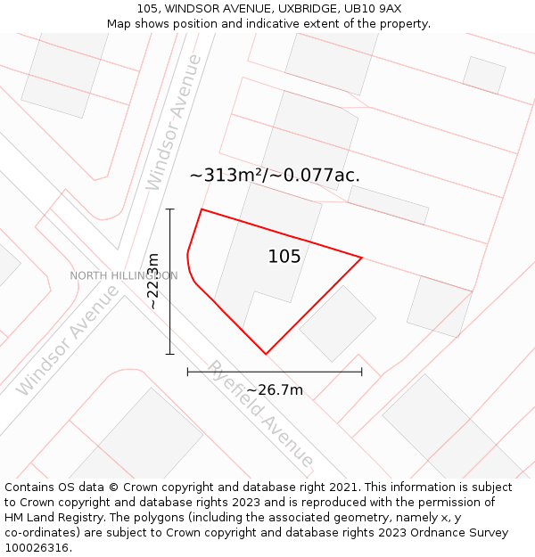 105, WINDSOR AVENUE, UXBRIDGE, UB10 9AX: Plot and title map