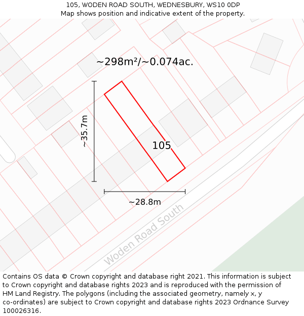 105, WODEN ROAD SOUTH, WEDNESBURY, WS10 0DP: Plot and title map