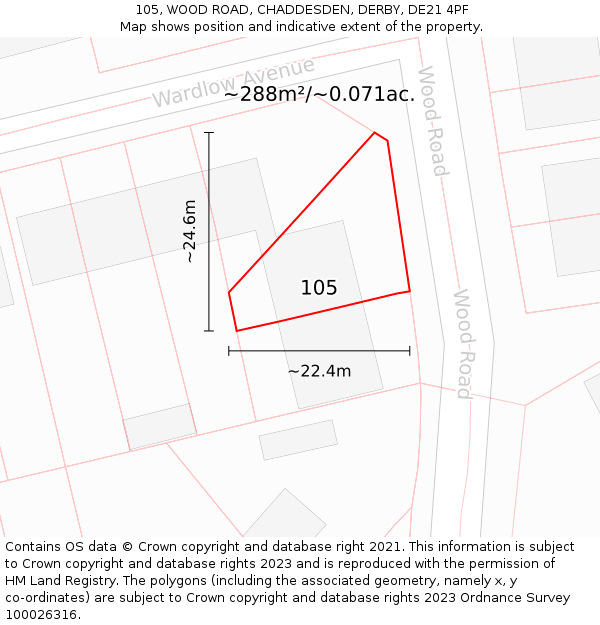 105, WOOD ROAD, CHADDESDEN, DERBY, DE21 4PF: Plot and title map