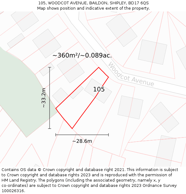 105, WOODCOT AVENUE, BAILDON, SHIPLEY, BD17 6QS: Plot and title map