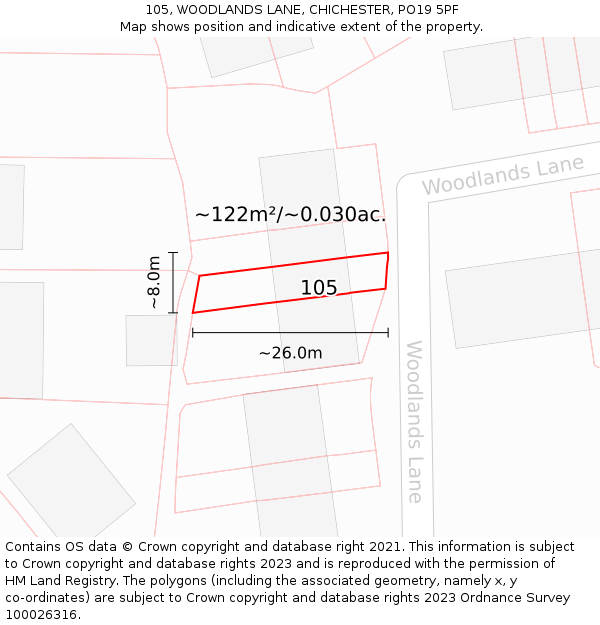 105, WOODLANDS LANE, CHICHESTER, PO19 5PF: Plot and title map