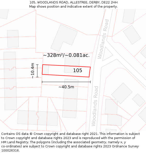 105, WOODLANDS ROAD, ALLESTREE, DERBY, DE22 2HH: Plot and title map