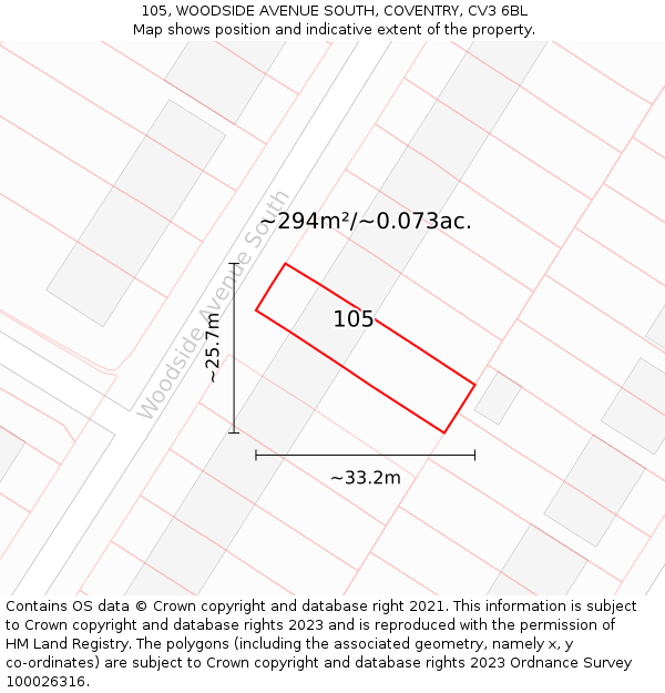 105, WOODSIDE AVENUE SOUTH, COVENTRY, CV3 6BL: Plot and title map