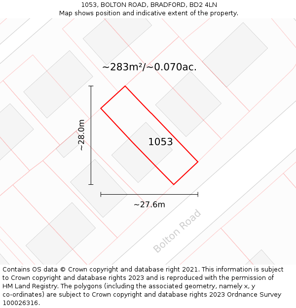 1053, BOLTON ROAD, BRADFORD, BD2 4LN: Plot and title map