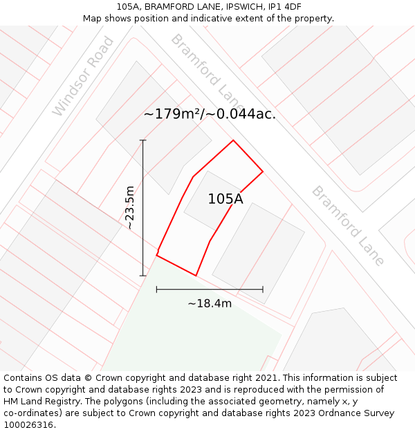 105A, BRAMFORD LANE, IPSWICH, IP1 4DF: Plot and title map