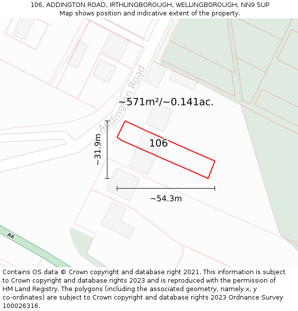 106, ADDINGTON ROAD, IRTHLINGBOROUGH, WELLINGBOROUGH, NN9 5UP: Plot and title map