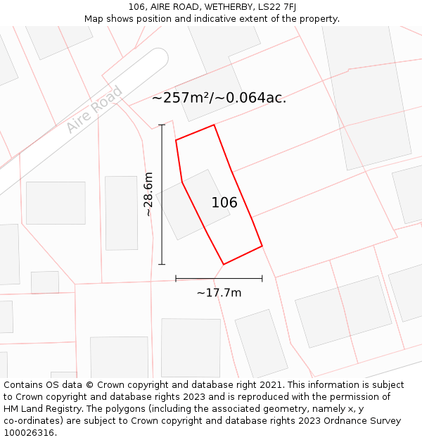 106, AIRE ROAD, WETHERBY, LS22 7FJ: Plot and title map