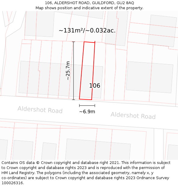 106, ALDERSHOT ROAD, GUILDFORD, GU2 8AQ: Plot and title map