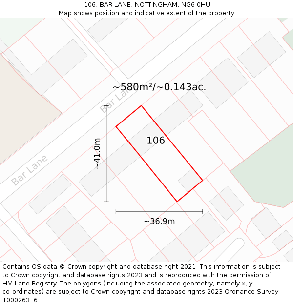 106, BAR LANE, NOTTINGHAM, NG6 0HU: Plot and title map