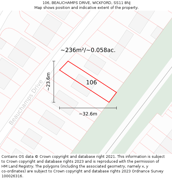 106, BEAUCHAMPS DRIVE, WICKFORD, SS11 8NJ: Plot and title map