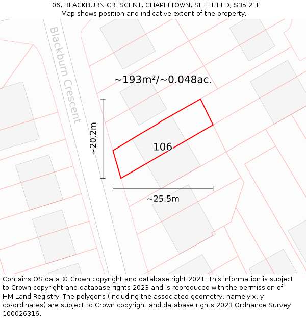 106, BLACKBURN CRESCENT, CHAPELTOWN, SHEFFIELD, S35 2EF: Plot and title map