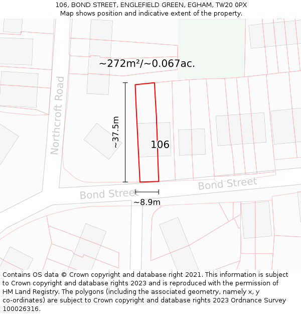 106, BOND STREET, ENGLEFIELD GREEN, EGHAM, TW20 0PX: Plot and title map