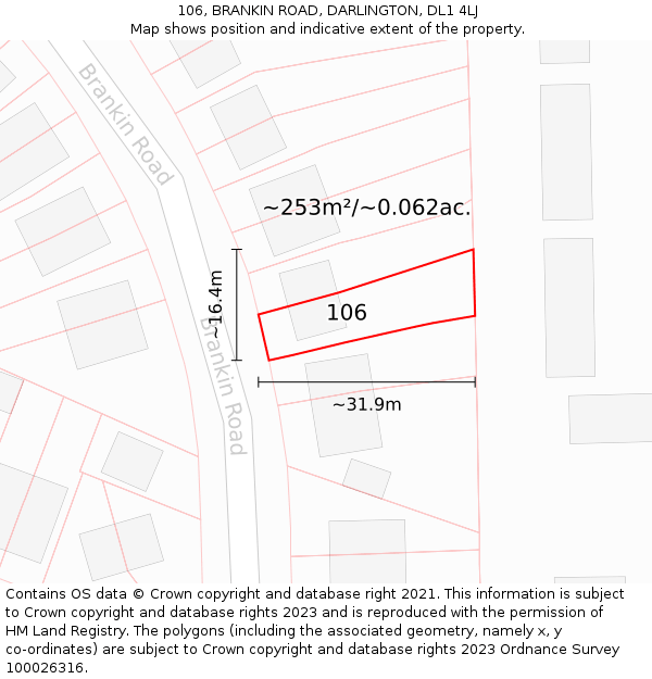 106, BRANKIN ROAD, DARLINGTON, DL1 4LJ: Plot and title map