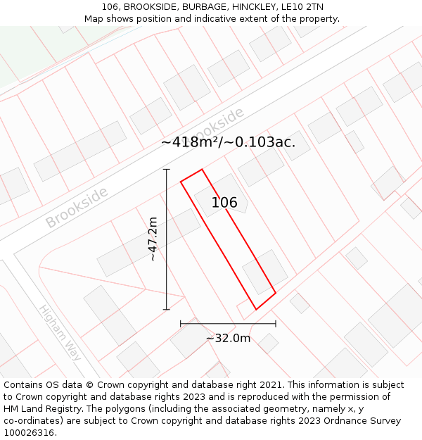 106, BROOKSIDE, BURBAGE, HINCKLEY, LE10 2TN: Plot and title map