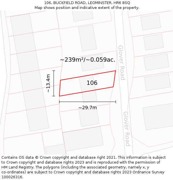 106, BUCKFIELD ROAD, LEOMINSTER, HR6 8SQ: Plot and title map