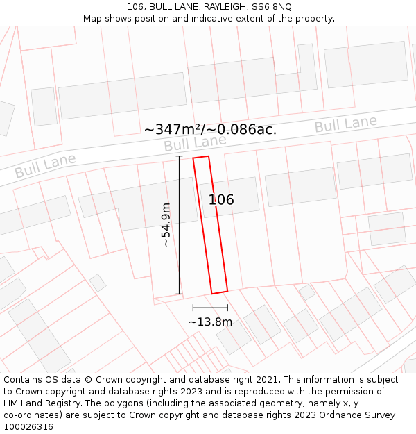 106, BULL LANE, RAYLEIGH, SS6 8NQ: Plot and title map