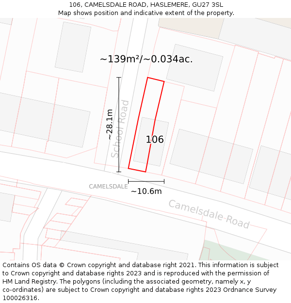 106, CAMELSDALE ROAD, HASLEMERE, GU27 3SL: Plot and title map