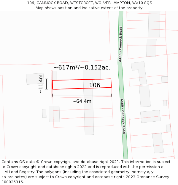 106, CANNOCK ROAD, WESTCROFT, WOLVERHAMPTON, WV10 8QS: Plot and title map