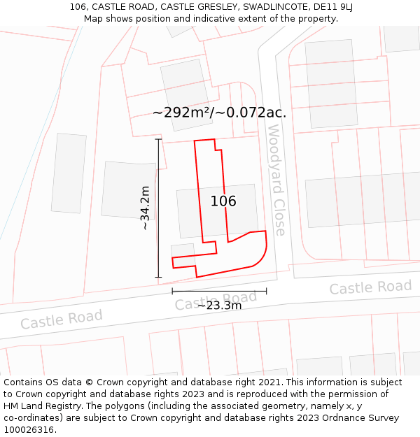 106, CASTLE ROAD, CASTLE GRESLEY, SWADLINCOTE, DE11 9LJ: Plot and title map