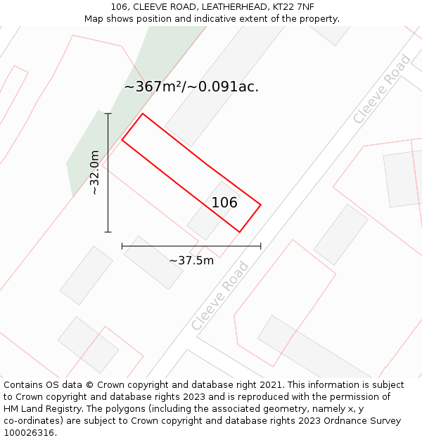 106, CLEEVE ROAD, LEATHERHEAD, KT22 7NF: Plot and title map