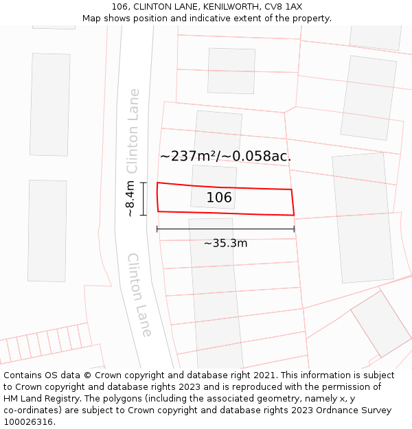 106, CLINTON LANE, KENILWORTH, CV8 1AX: Plot and title map