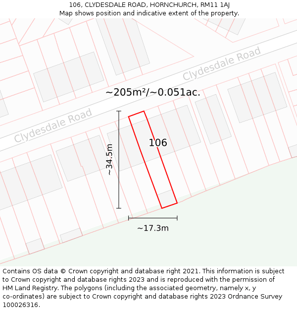 106, CLYDESDALE ROAD, HORNCHURCH, RM11 1AJ: Plot and title map