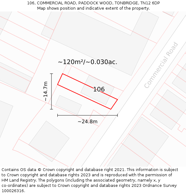 106, COMMERCIAL ROAD, PADDOCK WOOD, TONBRIDGE, TN12 6DP: Plot and title map