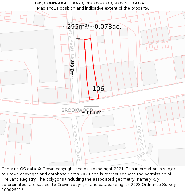 106, CONNAUGHT ROAD, BROOKWOOD, WOKING, GU24 0HJ: Plot and title map