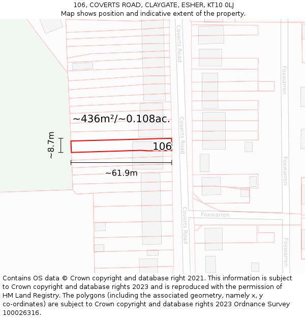 106, COVERTS ROAD, CLAYGATE, ESHER, KT10 0LJ: Plot and title map