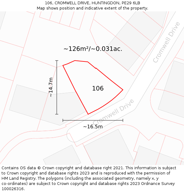 106, CROMWELL DRIVE, HUNTINGDON, PE29 6LB: Plot and title map