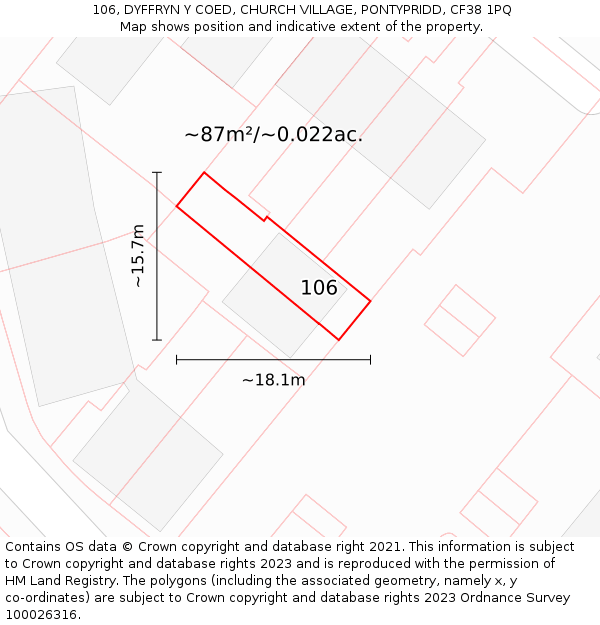 106, DYFFRYN Y COED, CHURCH VILLAGE, PONTYPRIDD, CF38 1PQ: Plot and title map