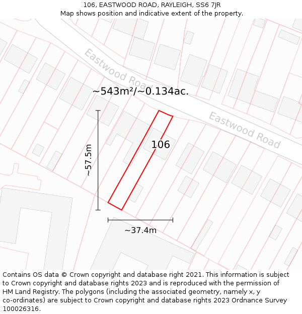 106, EASTWOOD ROAD, RAYLEIGH, SS6 7JR: Plot and title map