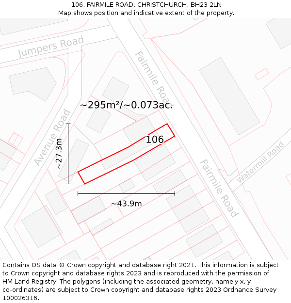 106, FAIRMILE ROAD, CHRISTCHURCH, BH23 2LN: Plot and title map