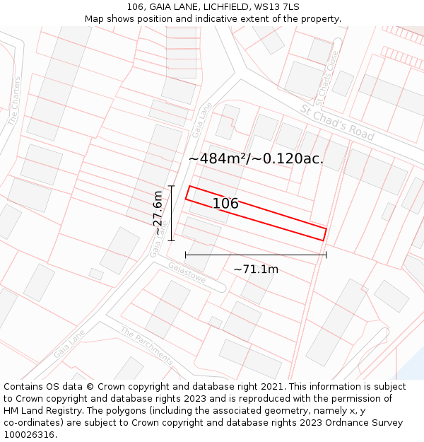 106, GAIA LANE, LICHFIELD, WS13 7LS: Plot and title map